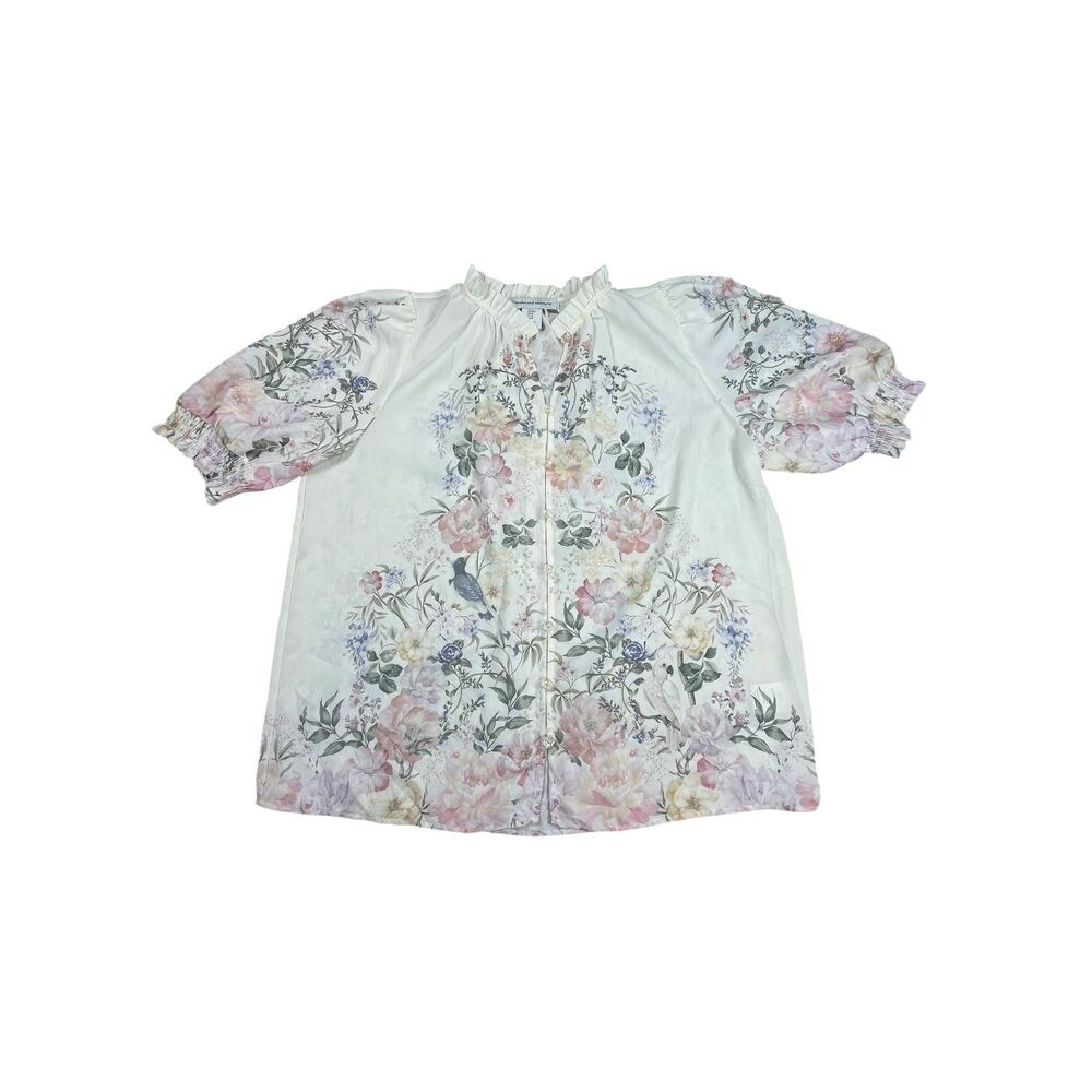 Cupcakes and Cashmere Women’s Floral Bird Print Blouse Medium Puff Sleeve